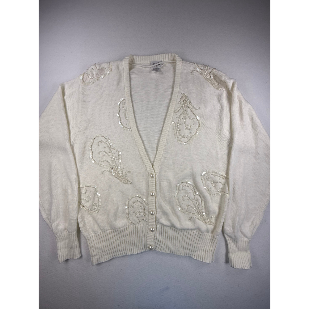 Vintage Women's Tan Jay White Beaded Cardigan M